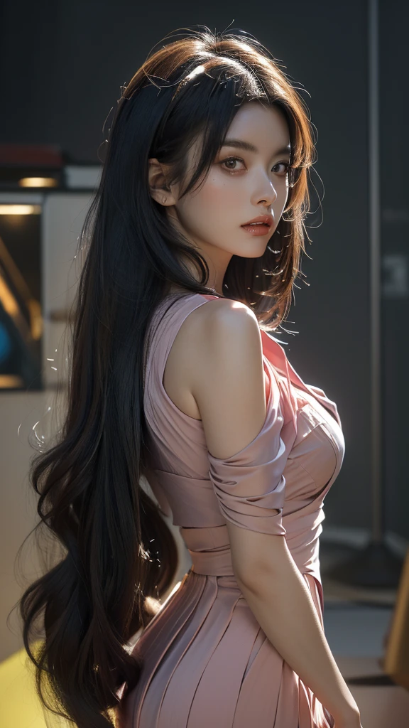 (masterpiece, highest quality, highest quality, Official Art, beautifully, aesthetic:1.2), Portrait Photography, (Cyberpunk fashion beautiful girl 1 person), Big iridescent eyes, Beautiful skin, (Pink and blue long hair with bangs), Very detailed, (Neon colored fractal art:1.3), Perfect lighting, Sharp focus, High resolution, High resolution, High color rendering, High resolution, Super realistic,