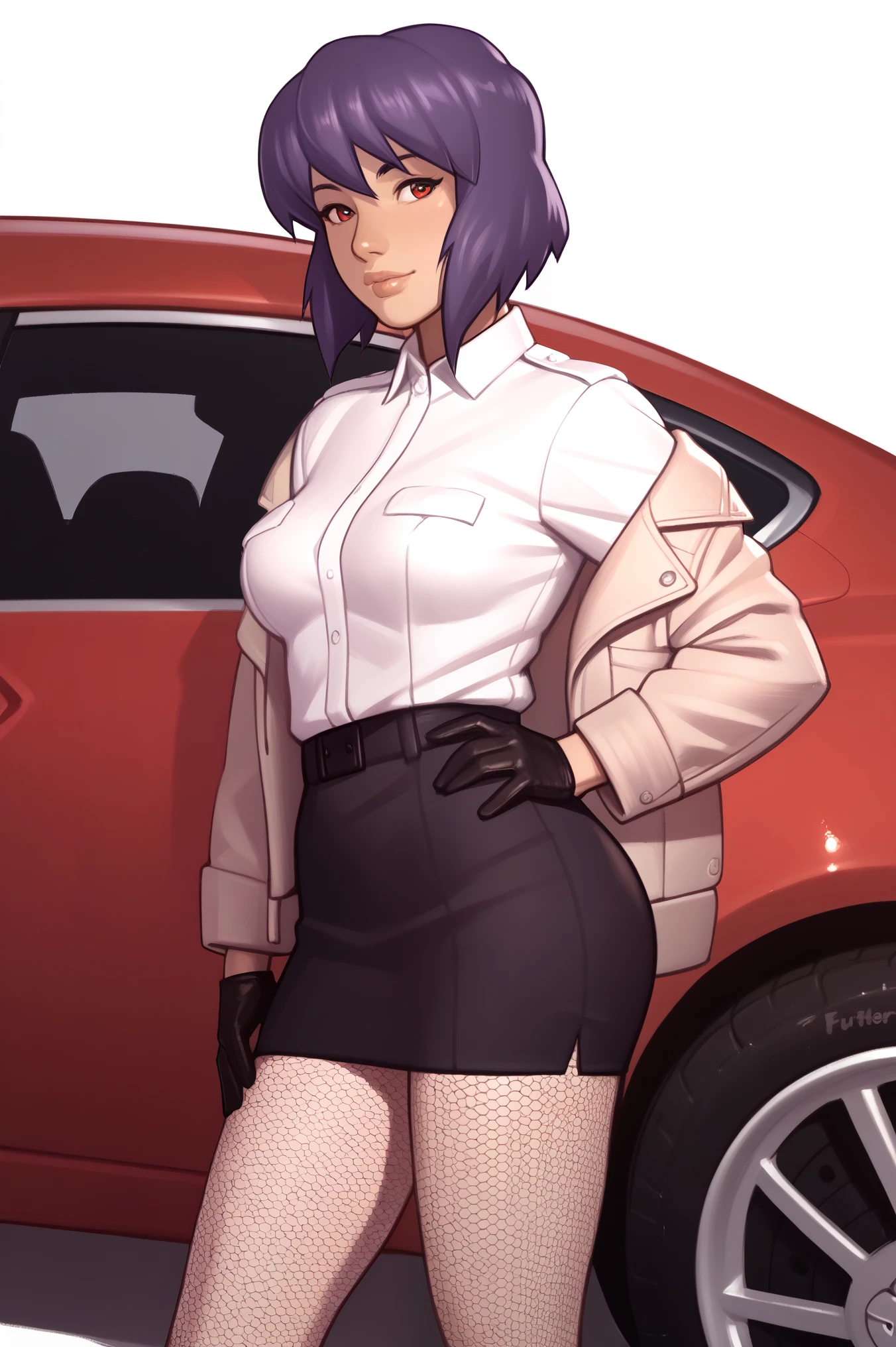 NSFW render of motoko kusanagi hentai scenes. motoko is alone in a dark and wet parking garage. she is wearing her tan military dress uniform. tan jacket, white undershirt, red dit, skirt, pantyhose. . author: (fossa666:1.5)r (taran fiddler:1.5),\ (pixel sketcher:1.4) masterpiece, detailed Bonifasko lighting, [crepuscular ray], best details, real life, depth of field, detailed background ; dim lighting, flashlight lighting, solo, . . ,female, (motoko kusanagi ), (\), ,, (motoko kusanagi:1.2), seductive walk, femme, genitals, , medium breasts, clear details, (, realistic sweaty skin textures, translucent body, you can see under her skin, , ,s, stand alone complex, various poses, ,, gloves, stockings, 1girl, one girl, 1girl, solo, 
