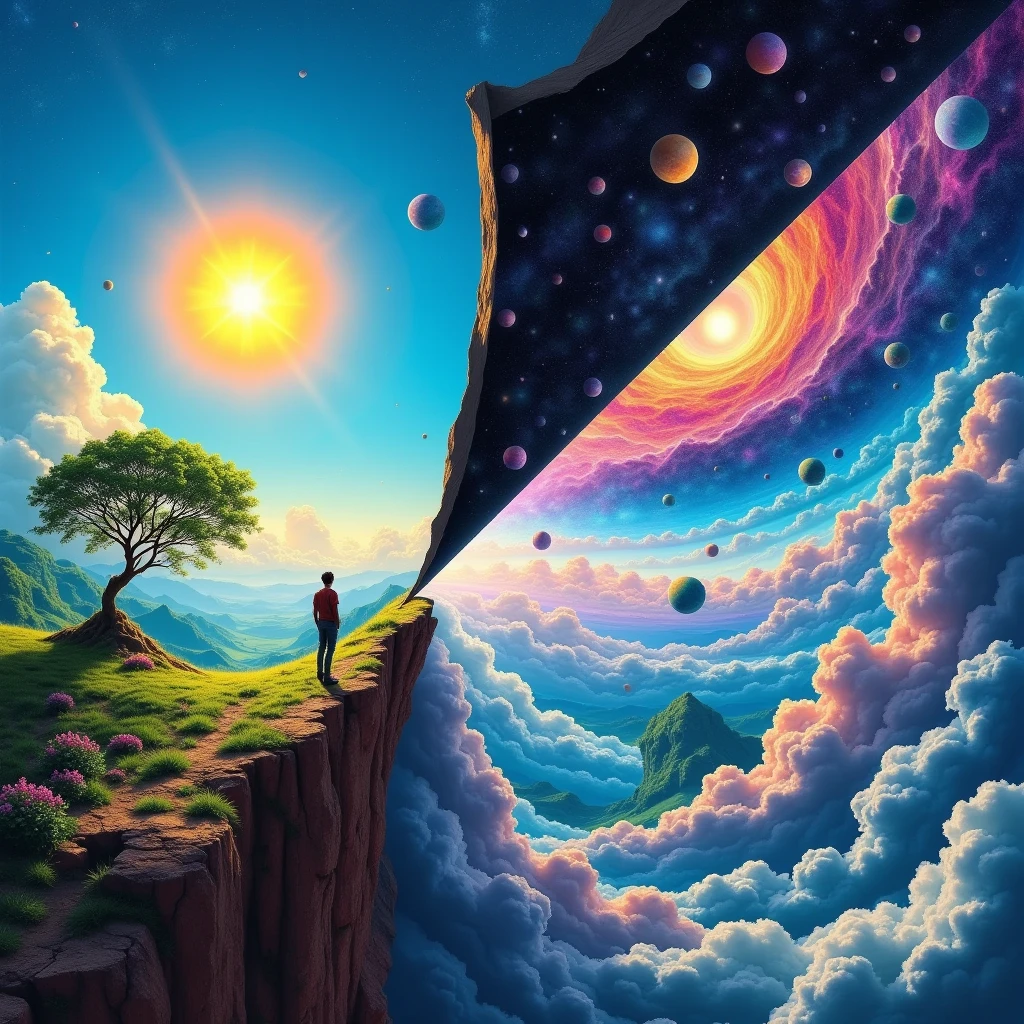 A surreal, 3D DMT-core vision inspired by an ancient cosmic illustration, depicting a traveler standing on the edge of existence, peering beyond the boundaries of the known world. The scene is split diagonally into two realms: one reveals a vibrant landscape with a radiant sun, lush greenery, and a tree under a clear blue sky, while the other unveils a mystical universe filled with stars, celestial spheres, and ethereal clouds in psychedelic colours. The sky is peeled back like a veil, exposing layer after layer of existence, as the figure leans forward, bridging reality and the cosmos. This intricate, mind-bending scene captures the sense of spiritual exploration and the schizophrenic wonder of discovering hidden dimensions, where earthly and cosmic worlds converge in a kaleidoscope of colours and patterns, inviting an endless journey into the unknown.