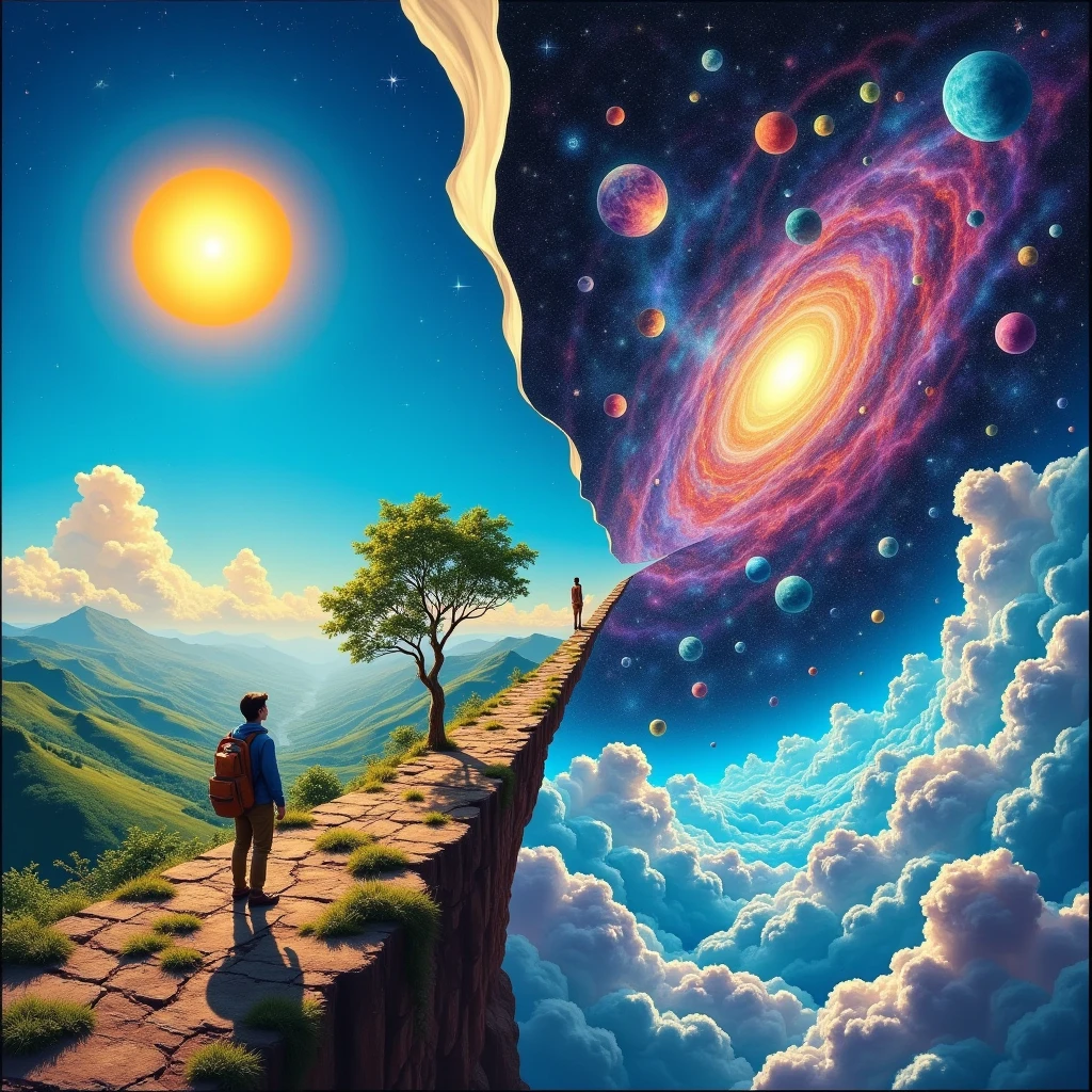 A surreal, 3D DMT-core vision inspired by an ancient cosmic illustration, depicting a traveler standing on the edge of existence, peering beyond the boundaries of the known world. The scene is split diagonally into two realms: one reveals a vibrant landscape with a radiant sun, lush greenery, and a tree under a clear blue sky, while the other unveils a mystical universe filled with stars, celestial spheres, and ethereal clouds in psychedelic colours. The sky is peeled back like a veil, exposing layer after layer of existence, as the figure leans forward, bridging reality and the cosmos. This intricate, mind-bending scene captures the sense of spiritual exploration and the schizophrenic wonder of discovering hidden dimensions, where earthly and cosmic worlds converge in a kaleidoscope of colours and patterns, inviting an endless journey into the unknown.