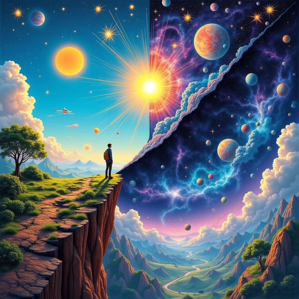 A surreal, 3D DMT-core vision inspired by an ancient cosmic illustration, depicting a traveler standing on the edge of existence, peering beyond the boundaries of the known world. The scene is split diagonally into two realms: one reveals a vibrant landscape with a radiant sun, lush greenery, and a tree under a clear blue sky, while the other unveils a mystical universe filled with stars, celestial spheres, and ethereal clouds in psychedelic colours. The sky is peeled back like a veil, exposing layer after layer of existence, as the figure leans forward, bridging reality and the cosmos. This intricate, mind-bending scene captures the sense of spiritual exploration and the schizophrenic wonder of discovering hidden dimensions, where earthly and cosmic worlds converge in a kaleidoscope of colours and patterns, inviting an endless journey into the unknown.