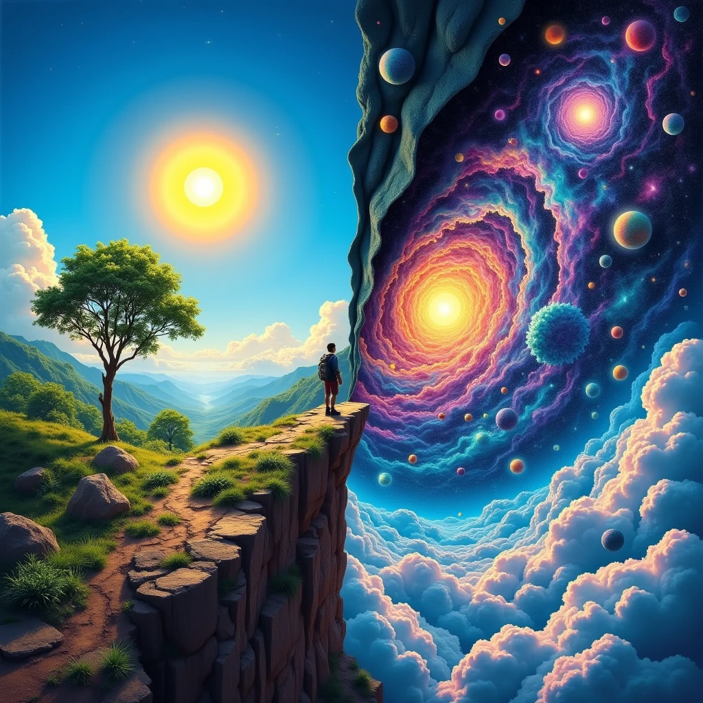 A surreal, 3D DMT-core vision inspired by an ancient cosmic illustration, depicting a traveler standing on the edge of existence, peering beyond the boundaries of the known world. The scene is split diagonally into two realms: one reveals a vibrant landscape with a radiant sun, lush greenery, and a tree under a clear blue sky, while the other unveils a mystical universe filled with stars, celestial spheres, and ethereal clouds in psychedelic colours. The sky is peeled back like a veil, exposing layer after layer of existence, as the figure leans forward, bridging reality and the cosmos. This intricate, mind-bending scene captures the sense of spiritual exploration and the schizophrenic wonder of discovering hidden dimensions, where earthly and cosmic worlds converge in a kaleidoscope of colours and patterns, inviting an endless journey into the unknown.