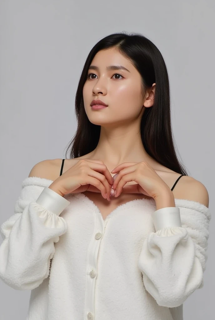  from a front view of her whole body is cute,  fluffy off-shoulder pajamas ,  make a big heart with both hands , Hold it in front of your chest , Looking above my collarbone 、 The background is a monotone   

