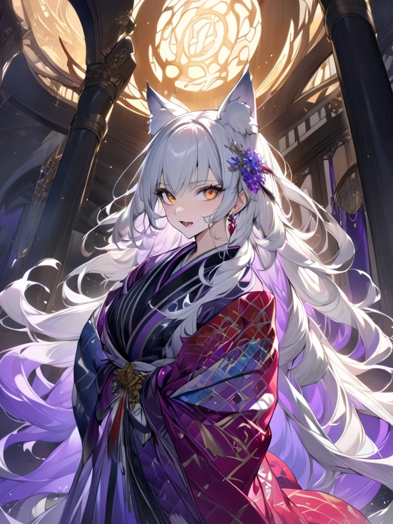 wolf girl, wolf ears, wolf tail, masterpiece:1.3,  anatomically correct:1.3, nsfw,  Ultra High Definition:1.3,  high definition facial:1.3, 4K:1.3, Focus: 50mm,  Fantastic Scenery :1.3,  Women's Outlines Shine,super fine illustration:1.1,  1 woman:1.3, solo:1.3, A dignified face,  silver hair:1.3, Long Hair:1.3, Big Eyes,  Orange Eyes , Beautiful, different from humans as beastmen, The nobility of wolves :1.3,  Fascinating Atmosphere :1.2, fair skin:1.2,  sexy,  glamorous ,  medium breasts:1.2, Fang, break, Gorgeous Kimono:1.3, Vivid patterns,  The color gradation of kimonos ,Crystal Rose Hair Ornaments :1.2, Slim Style,  hair color gradation ,  earrings for a woman alone:1.1,Thick black outline:1.3