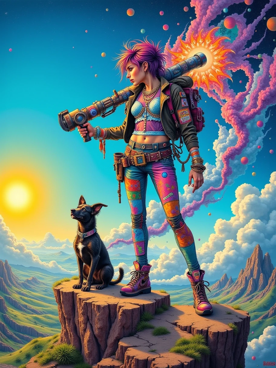 A large watercolor painting by Damien Hirst, showcasing kinetic art with an S-curve composition. The dynamic scene features an edgy, anarchic female explorer standing confidently atop a rocky outcrop in a post-apocalyptic landscape. Adorned in a patchwork of vibrant, mismatched clothing and eclectic accessories, her fierce and unapologetic energy radiates throughout the piece. Her wild hair, streaked with bold colors, flows in the wind as she surveys the desolate terrain filled with remnants of a once-thriving city. In one hand, she holds a quirky, steampunk-inspired weapon adorned with graffiti and colorful stickers, reflecting her punk spirit. At her feet, a scruffy dog with a mischievous glint in its eye eagerly, conceptual art, vibrant, poster, illustration