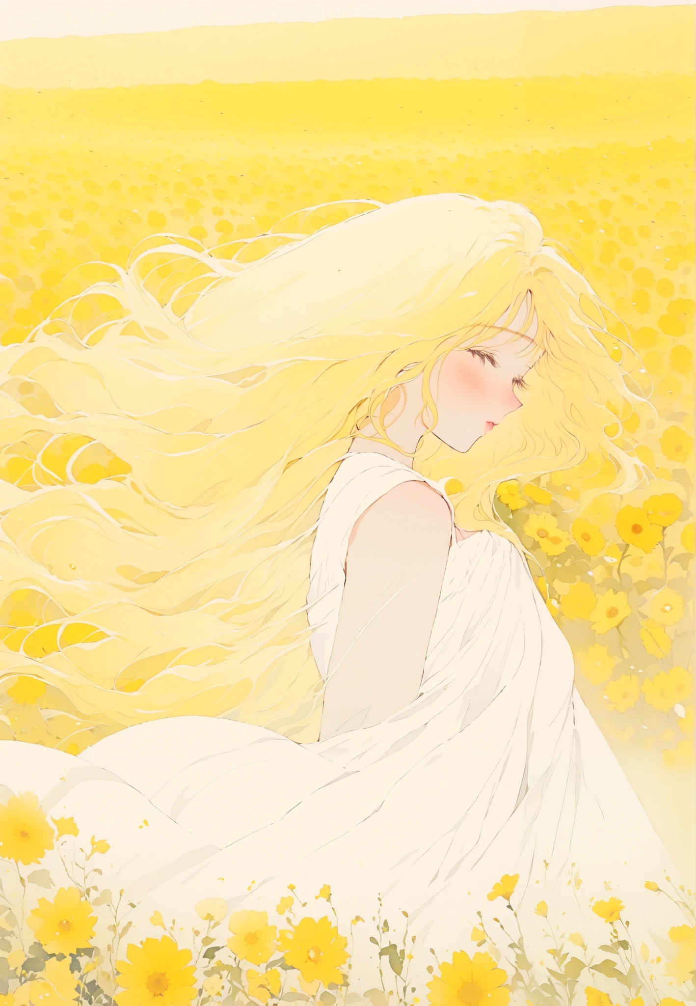  young woman ,  blonde girl , have,  white dress, yellow flower background, Yellow flower field.
 