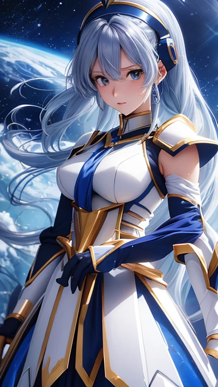  Gundam inspired by the anime character in Space Stars with blue hair and armor 々Anime Characters,  Saint Seiyaの女の子, portrait  Saint Seiyaの女の子,  Saint Seiya, Opal Armor, The armor reflects the color of silver ice , Anime Charactersにインスパイアされたガンダム ,  ice blue and silver armor  , Light blue armor, Wearing Shining Armor,  wearing aether combat armor , Full Body Covered in Silver Armor 