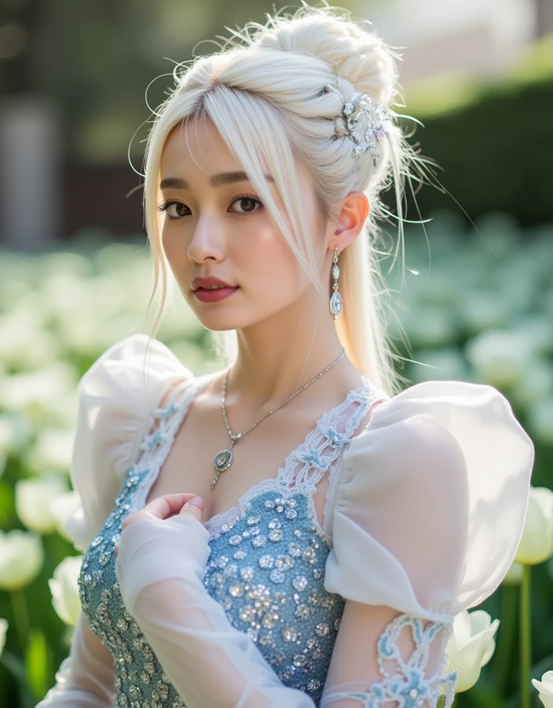 Close-up profile of an elegant Asian woman surrounded by soft morning light in a mystical European garden with white flowers. ((Woman photographed from the side: 1.6)), She has long white hair, blunt bangs, braids, eyeshadow, pink lipstick, pearlescent nail polish, pale skin, very thin, small face, very large breasted woman, she is wearing glittery transparent white lace with intricate blue embroidery, necklace, ring, bracelet and jewels. Soft white lighting, very detailed, blurred plants and flowers background