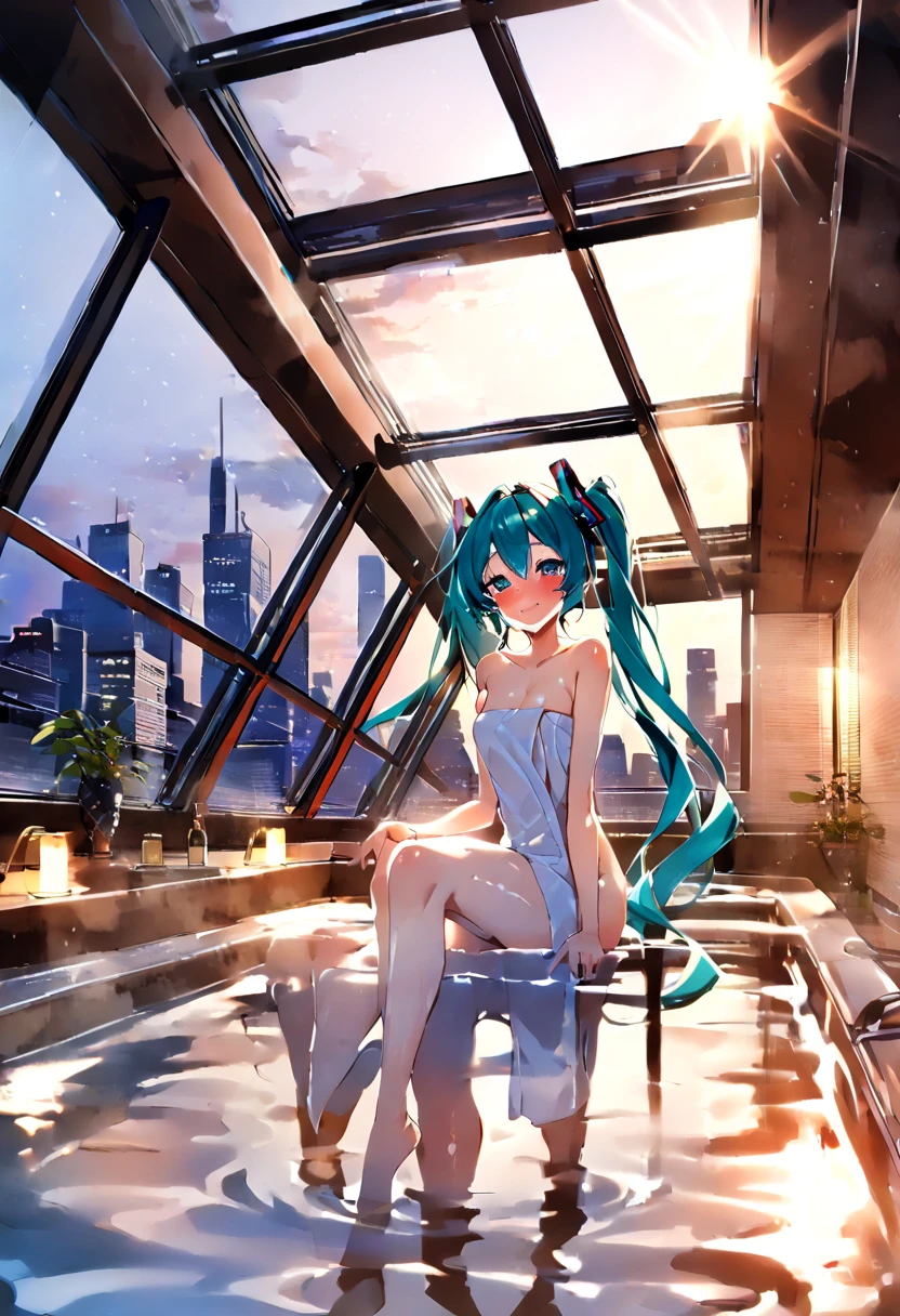 (hatsune miku:1.2), (blush:1.4), (gleaming skin, shiny skin:1.4), (naked towel:1.4), (luxurious penthouse, rooftop hot spring, open-air bath:1.4),