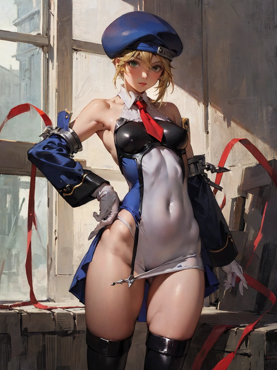 (masterpiece,  best quality,  high definition ), pin-up shot that makes your hips pop,  1 girl , Noel, Thigh length,   boots, beret, tie,  Detachable Sleeves ,  short hair, black Thigh length, ribbon, Gloves,  dress,  absolute domain,  bare shoulder , short  dress, Hip Sway, Hips stick out, Default Lyn with hands on back ,