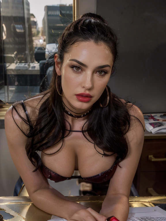 gorgeous woman, solo, looking at viewer, brunette hair, Brown eyes, jewely, Full body, a necklace, off shoulders, Sweaters, Realistic, brown eyes, A sexy, leather, ruined living rom background, apocalyse, mad max setting, armageddon, bend over, eyes closed, mouth open, (( also doing a blowjob ,)) she is having sex in a luxory couch together with her lover secret finally they can have sex