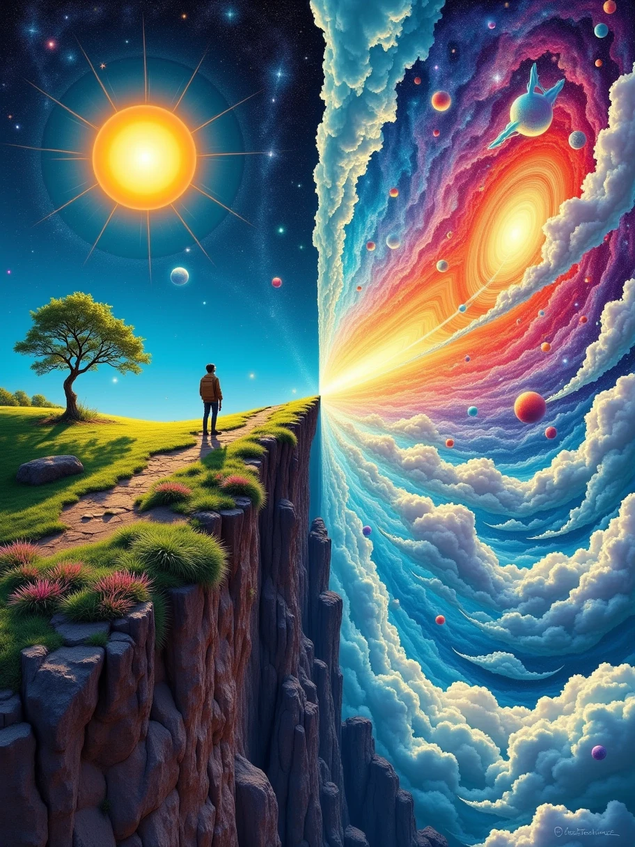 A surreal, 3D DMT-core vision inspired by an ancient cosmic illustration, depicting a traveler standing on the edge of existence, peering beyond the boundaries of the known world. The scene is split diagonally into two realms: one reveals a vibrant landscape with a radiant sun, lush greenery, and a tree under a clear blue sky, while the other unveils a mystical universe filled with stars, celestial spheres, and ethereal clouds in psychedelic colours. The sky is peeled back like a veil, exposing layer after layer of existence, as the figure leans forward, bridging reality and the cosmos. This intricate, mind-bending scene captures the sense of spiritual exploration and the schizophrenic wonder of discovering hidden dimensions, where earthly and cosmic worlds converge in a kaleidoscope of colours and patterns, inviting an endless journey into the unknown.