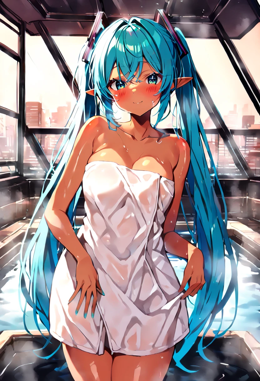 (hatsune miku:1.2), (pointy ears:1.4), (tan:1.4), (blush:1.4), (gleaming skin, shiny skin:1.4), (naked towel:1.4), (cowboy shot:1.4), (luxurious penthouse, rooftop hot spring, open-air bath:1.4),