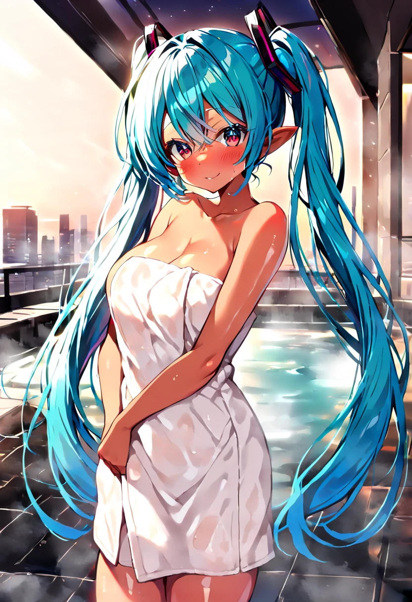 (hatsune miku:1.2), (pointy ears:1.4), (tan:1.4), (blush:1.4), (gleaming skin, shiny skin:1.4), (naked towel:1.4), (cowboy shot:1.4), (luxurious penthouse, rooftop hot spring, open-air bath:1.4),