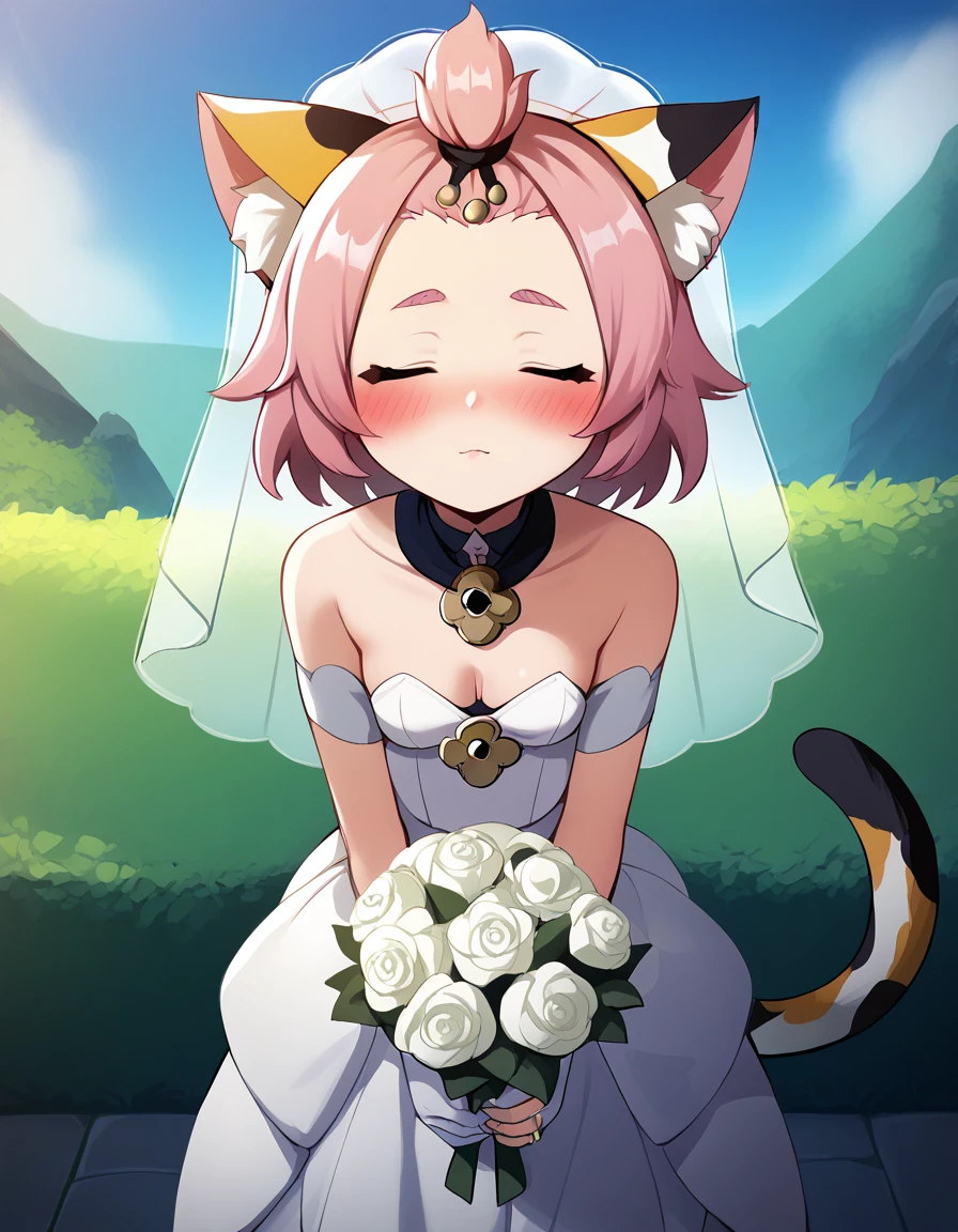 score_9, score_8_up, score_7_up, score_6, source_anime, BREAK diona \(genshin impact\), mngmst_style, 1girl, animal ear fluff, animal ears, cat ears, cat girl, cat tail,  forehead, green eyes, pink hair, short hair, solo, tail, cleavage, small breasts, wedding dress, wedding veil, off shoulder, cleavage,wedding ring, outdoor, sky, standing, cowboy shot, jewelry, blushing, incoming kiss, closed eyes, bouquet, colarbone, pov