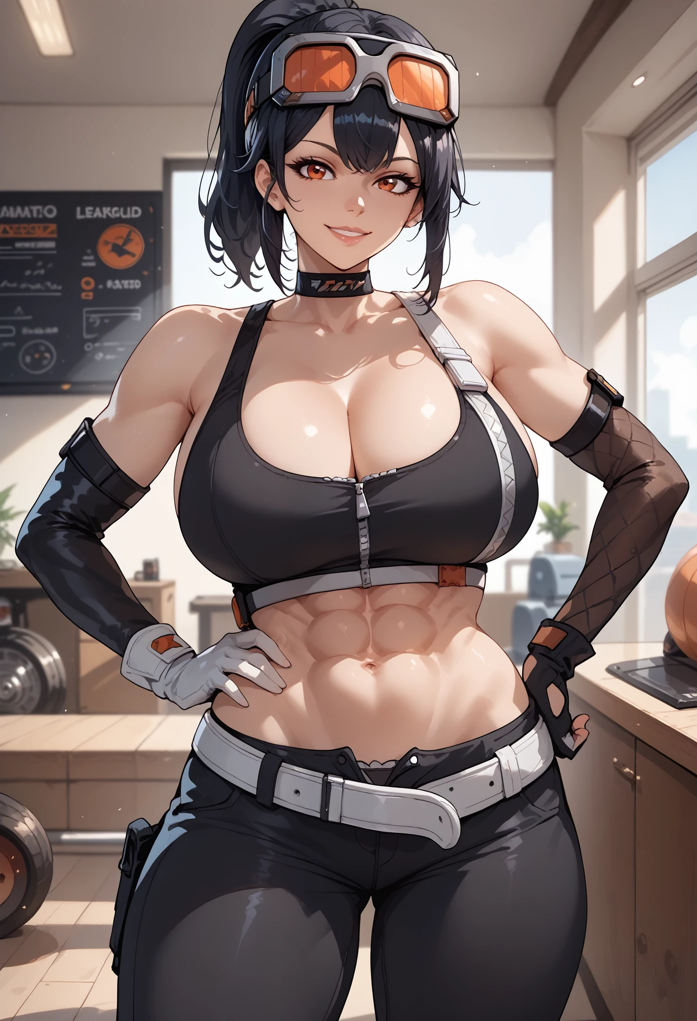 grace-howard-zzz, 1girl, solo, goggles, navel, gloves, pants, goggles on head, hand on hip, large breasts, indoors, auto garage, cowboy shot, body, smile, ponytail, standing, looking at viewer, elbow gloves, midriff, sports bra, deep cleavage, open zipper, unzipping top, black pants, bare shoulders, choker, sidelocks, bangs, belt, huge breasts, abs, groin, panties