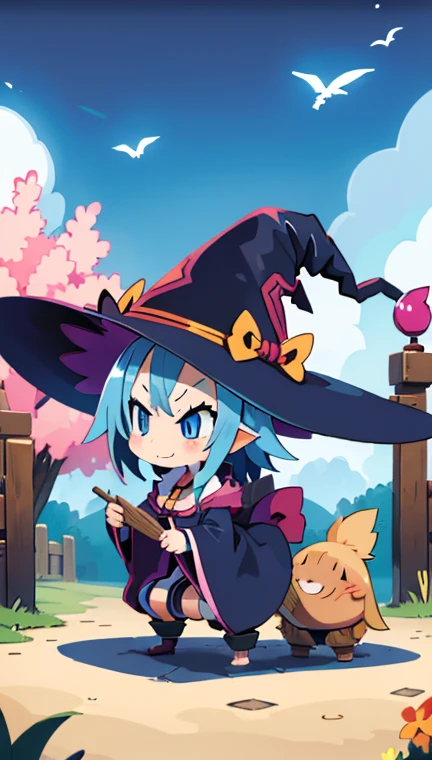 (pygmy、 smaller:1.2)、(Typical witch :1.5)、( bright blue hair、 don't tie your hair、 Very Long Hair )、Light blue eyes、Baby Face、smug face、blush、Plump、Big Breasts、Thick waist、 thick thighs 、 big butt 、hat、Robe、drawer pants、candlestick