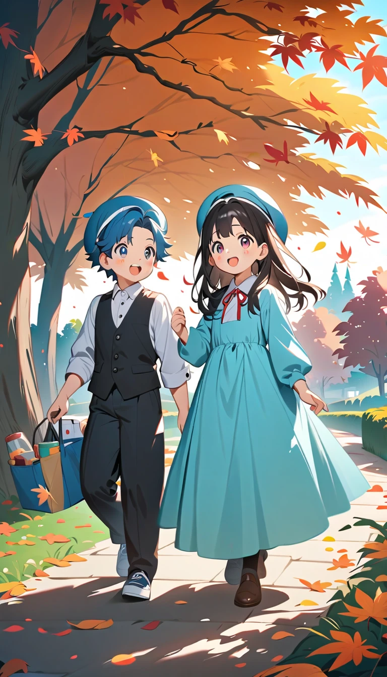 Anime-style male and female kindergarteners wearing blue hats、They are happily gathering autumn leaves at the park 。