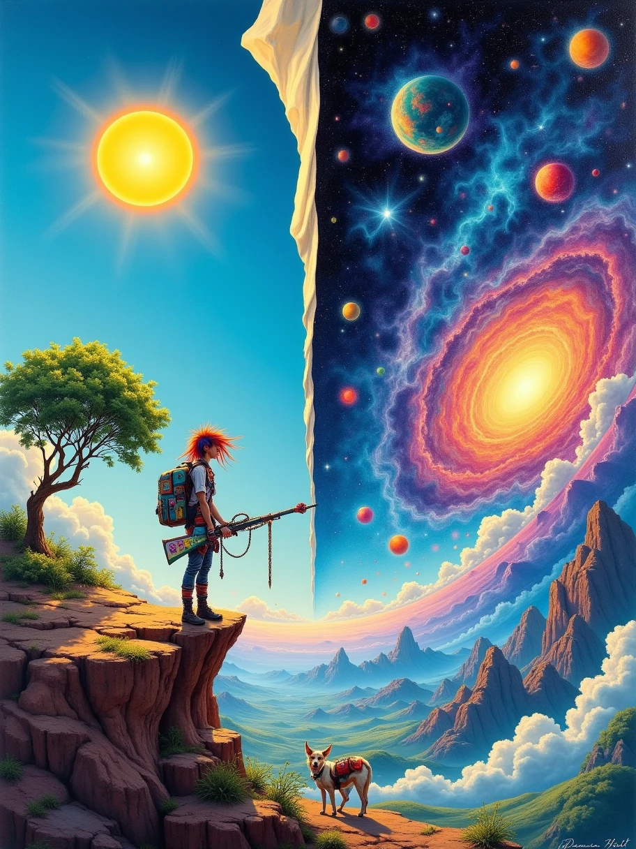 A surreal, 3D DMT-core vision inspired by an ancient cosmic illustration, depicting a traveler standing on the edge of existence, peering beyond the boundaries of the known world. The scene is split diagonally into two realms: one reveals a vibrant landscape with a radiant sun, lush greenery, and a tree under a clear blue sky, while the other unveils a mystical universe filled with stars, celestial spheres, and ethereal clouds in psychedelic colours. The sky is peeled back like a veil, exposing layer after layer of existence, as the figure leans forward, bridging reality and the cosmos. This intricate, mind-bending scene captures the sense of spiritual exploration and the schizophrenic wonder of discovering hidden dimensions, where earthly and cosmic worlds converge in a kaleidoscope of colours and patterns, inviting an endless journey into the unknown, A large watercolor painting by Damien Hirst, showcasing kinetic art with an S-curve composition. The dynamic scene features an edgy, anarchic female explorer standing confidently atop a rocky outcrop in a post-apocalyptic landscape. Adorned in a patchwork of vibrant, mismatched clothing and eclectic accessories, her fierce and unapologetic energy radiates throughout the piece. Her wild hair, streaked with bold colors, flows in the wind as she surveys the desolate terrain filled with remnants of a once-thriving city. In one hand, she holds a quirky, steampunk-inspired weapon adorned with graffiti and colorful stickers, reflecting her punk spirit. At her feet, a scruffy dog with a mischievous glint in its eye eagerly, conceptual art, vibrant, poster, illustration