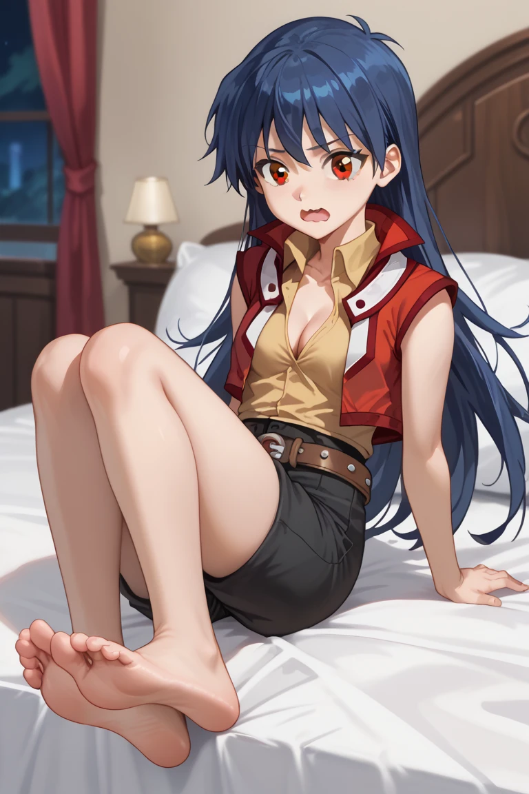 Saotome Rei, anime screencap,
aarei, long hair, blue hair, brown eyes, collared shirt, yellow shirt, red jacket, sleeveless, belt, black shorts, black thighhighs, small breasts,  cleavage, medium breasts,  on bed, sitting, wavy mouth, open mouth, feet, soles, thicc thighs