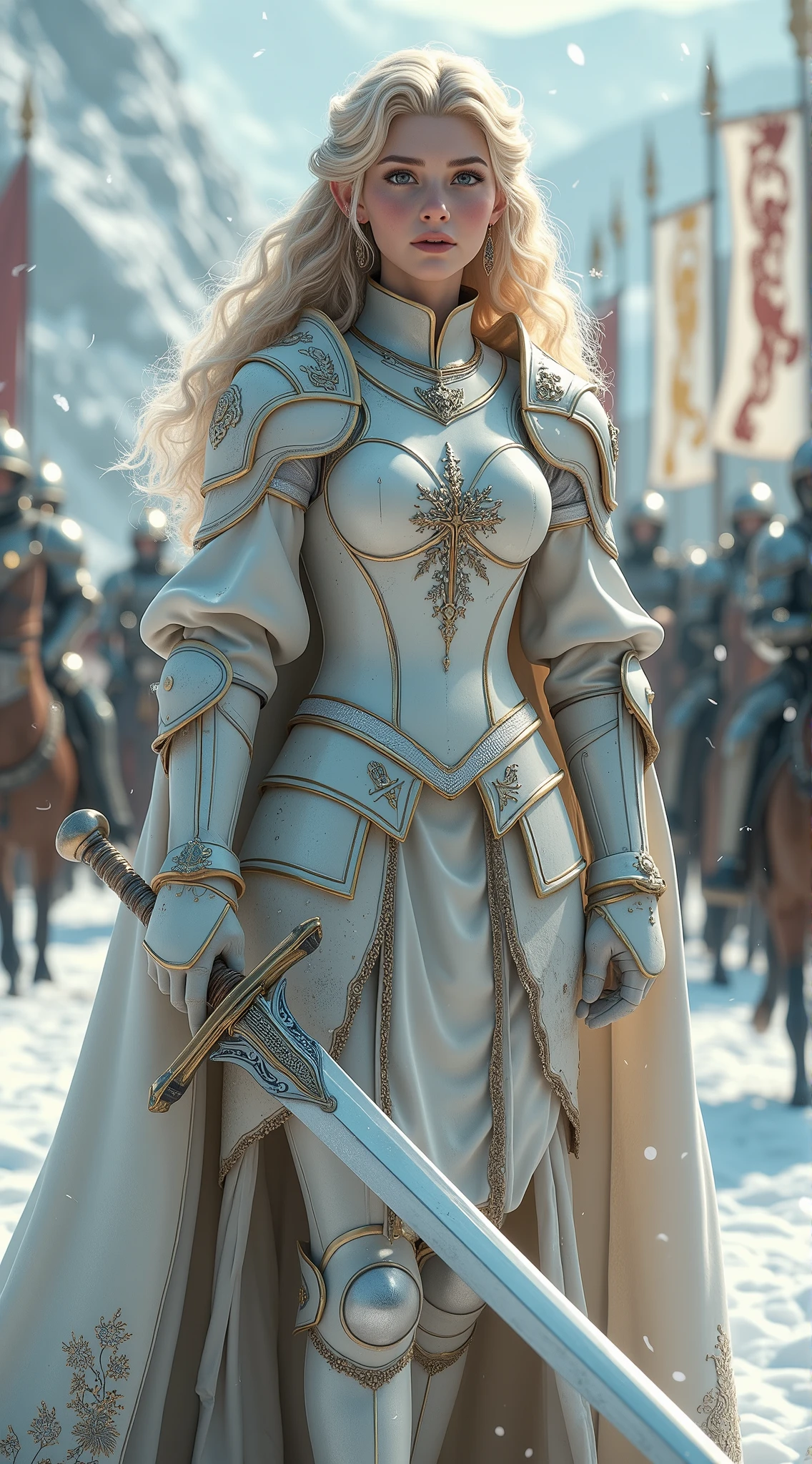 a very beautiful busty elf girl 、 slender woman、( detailed face )、Realistic Skin、((Holy Knight)), ((Pearl White Armor))、(((( very finely decorated armor:1.1))))、(( Delicate Pictures ))，( Girl Astepeace RAW Photo Data :1.25), (  best quality :1.6), ( super A high resolution :1.5), (Realistic:1.75), 8k resolution,  Canon EOS R5 , 50mm,  absurd,  super detailed, Film Lighting ,((battlefieldfield))、((battlefield))、(((White embroidered skirt)))、 thigh-length socks、Shin guards、(( blonde alone))、((Curly hair))、((Drill Hair))、(( Camera view from camera  ,))、Get a six pack、Cape、Beautiful Armor、((( is a luxuriously decorated long sword )))、(During combat)、 The wind is blowing from、((Symmetrical Armor))、((((Blizzard))))、((( Lead a large group of knights :1.2)))、((banner、Armor with snow and gold dragons)) 、((( battle scene )))、((nsfw:1.1))