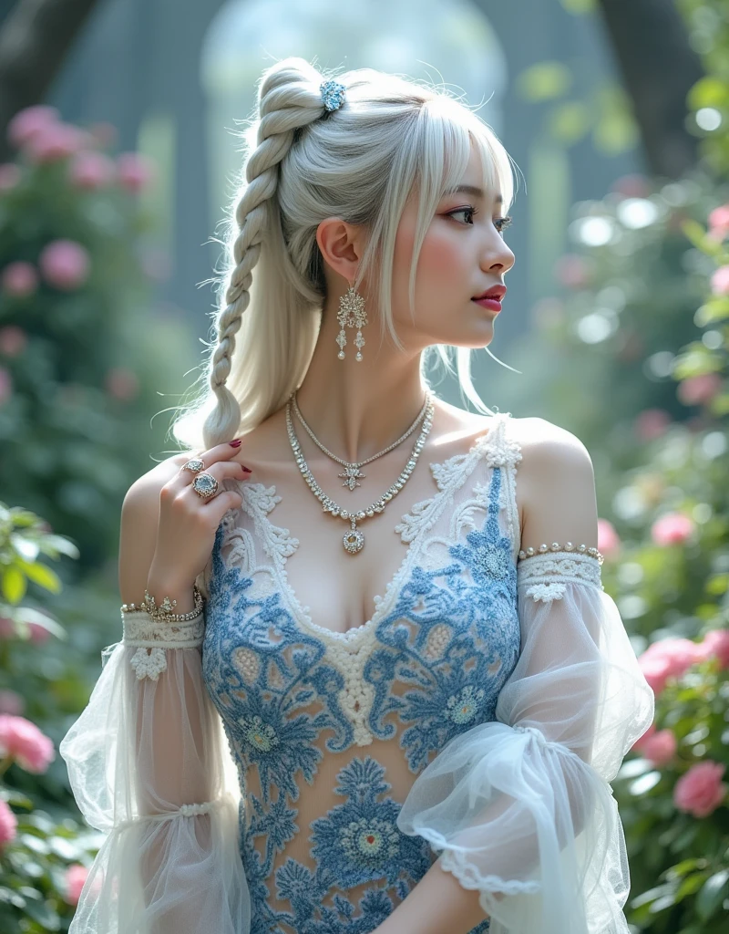 Close-up profile of an elegant Asian woman surrounded by soft morning light in a mystical European flower garden holding a bouquet of white flowers. ((Woman photographed from the side: 1.6)), She has long white hair, blunt bangs, braided pigtails, eyeshadow, pink lipstick, pearlescent nail polish, pale skin, very thin, small face, very large breasts, (She wears glittery transparent white lace with intricate blue embroidery: 1.7), She wears necklaces, rings, bracelets and jewels. (Woman wearing glittery transparent white lace holding a bouquet of white flowers: 1.7), soft white lighting, very detailed, blurred plants and flowers in the background