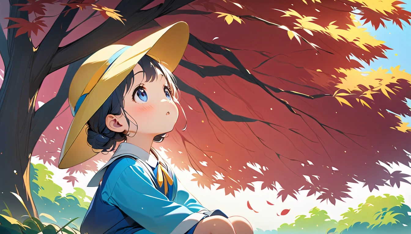 A kindergartner wearing a blue uniform and a yellow anime-style hat, sitting under a vibrant maple tree and looking up in wonder.