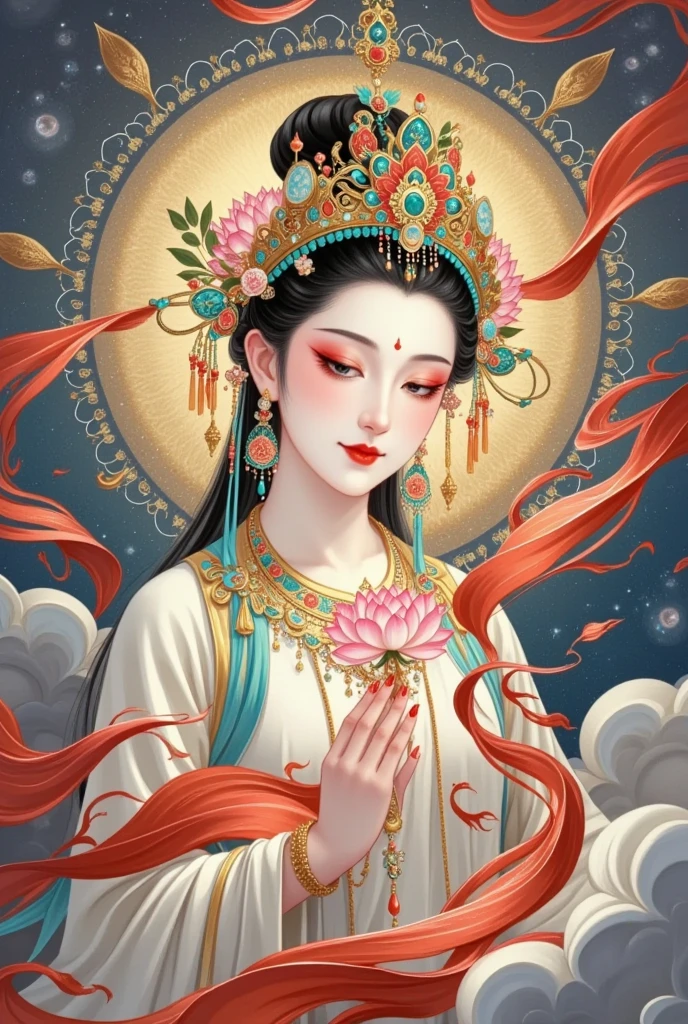 thangka illustration。Flying，flowing red silk， A beautiful goddess with a golden cloud and sky background,Portrait of a very beautiful girl，Statue of Tara Bodhisattva ， red eyeshadow， red face ，Red lips，，front， skin details ，Fine hair。Crown(Dot emerald +Cloisonne+ filigree enamel+flower+pearl+tassel)， upper body , 手持莲flower .  fair skin ,  is surrounded by clouds， with a golden halo on her face .(((yarn， red silk streamer)))
golden fantasy 。Glowing particles。 ray tracing 。