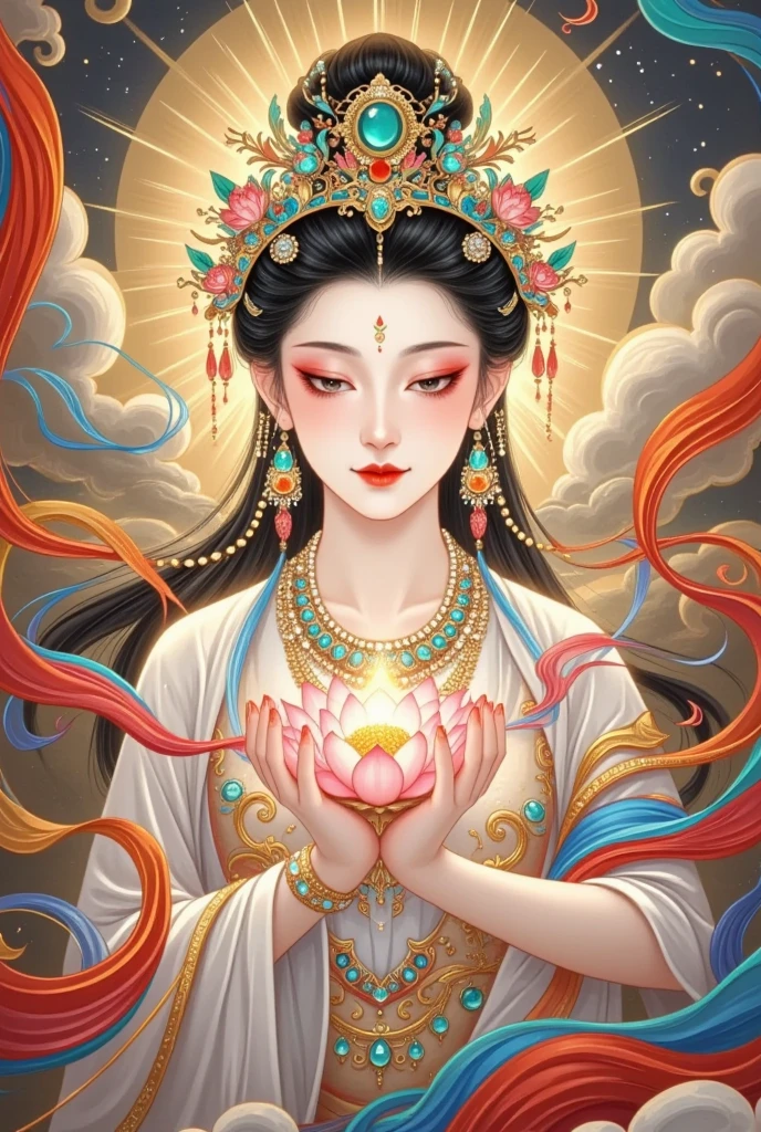 thangka illustration。Colorful flying sky ，flowing red silk， A beautiful goddess with a golden cloud and sky background,Portrait of a very beautiful girl，Statue of Tara Bodhisattva ， red eyeshadow， red face ，Red lips，，front， skin details ，Fine hair。Crown(Dot emerald +Cloisonne+ filigree enamel+flower+pearl+tassel)， upper body , 手持莲flower .  fair skin ,  is surrounded by clouds， with a golden halo on her face .(((yarn， red silk streamer)))
golden fantasy 。Glowing particles。 ray tracing 。