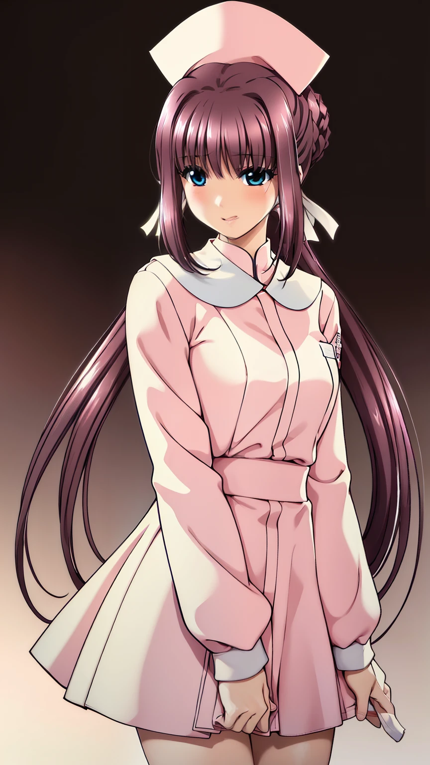  White background ,
  long sleeve , nurse, Nurse hat, pink hat  ,  Pink Skirts,
With bangs, 茶colorの髪, ponytails bleeding from the vagina,緑colorのeye,Long white hair,hair intakes,
 1 girl, 20 years, young woman, Beautiful Fingers , beautiful long legs , beautiful body ,Beautiful Nose, beautiful character design, 完璧なeye, は完璧なfaceです, の表情豊かなeye, perfect balance ,
  mitts multicolor ,(彼女のfaceに焦点を当てる),Keep your mouth shut , (innocent_big_eye:1.0),Optics_ laughs,
 Official Art, Highly Detailed CG Unified 8K Wallpaper,  perfect little , colorful ,  bright _facade_face_Lamp Light, glossy skin, 
(masterpiece:1.0),(The best_quality:1.0), 超 high definition ,4K, super detailed,
photography of, 8k,  high dynamic range ,  high definition , Strange Results :1.2,  portera 400 strings ,  Film Grain, vague background, Bokeh:1.2,  Lens Flare Glow , (Vivid_color:1.2), professional photos, 
(The beautiful,big_:1.4), (The beautiful_face:1.5),(narrow_ waist up like a fairy),