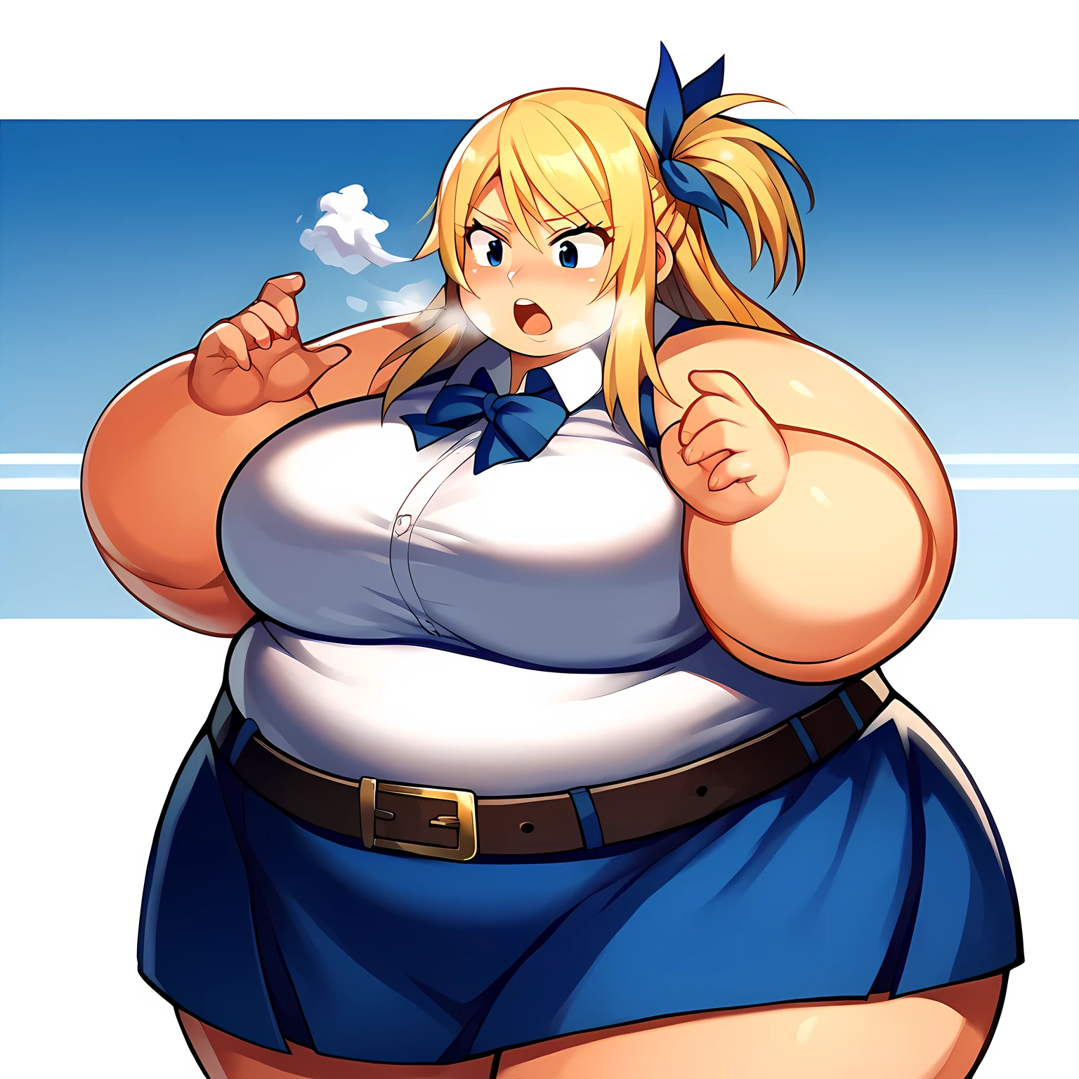  aaLucy, hair ribbon, side ponytail, blonde hair, long hair, large breasts, white shirt, sleeveless, belt, blue skirt, from front, solo, alone, masterpiece, best quality, ultra-detailed, high resoolution, 8K, detailed background, dynamic moving, detailed face, anime, fat, chubby, obese, gigantic arms and legs, large breasts open mouth, out of breath