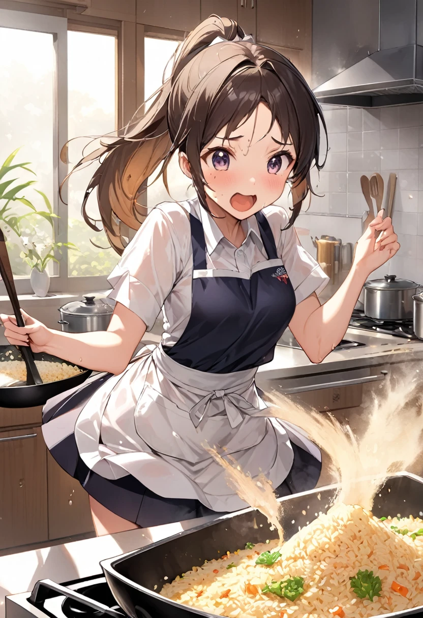  fry fried rice briskly , Chinese pan,  shaking a wok, チャーハンが宙を舞う, Gas stove, High heat power , cute high school girl, uniform,apron, ponytail, exporsed side stomach,  miniskirt,  having otters ,  dancing in the pot, open mouth,  I'm going to make fried rice , shout, Intense movement,  I'm going to make fried rice ,  shadows drawn with rays ,  draw even one grain of rice in detail, Busy kitchen ,  cooking is war ,  sweat on my forehead , Wet Uniform,  see through bra, 透けたシャツ, 炎, オーラの光, 