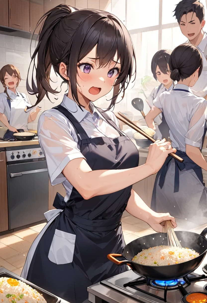  fry fried rice briskly , Chinese pan,  shaking a wok, チャーハンが宙を舞う, Gas stove, High heat power , cute high school girl, uniform,apron, ponytail, exporsed side stomach,  miniskirt,  having otters ,  dancing in the pot, open mouth,  I'm going to make fried rice , shout, Intense movement,  I'm going to make fried rice ,  shadows drawn with rays ,  draw even one grain of rice in detail, Busy kitchen ,  cooking is war ,  sweat on my forehead , Wet Uniform,  see through bra, 透けたシャツ, 炎, オーラの光, 