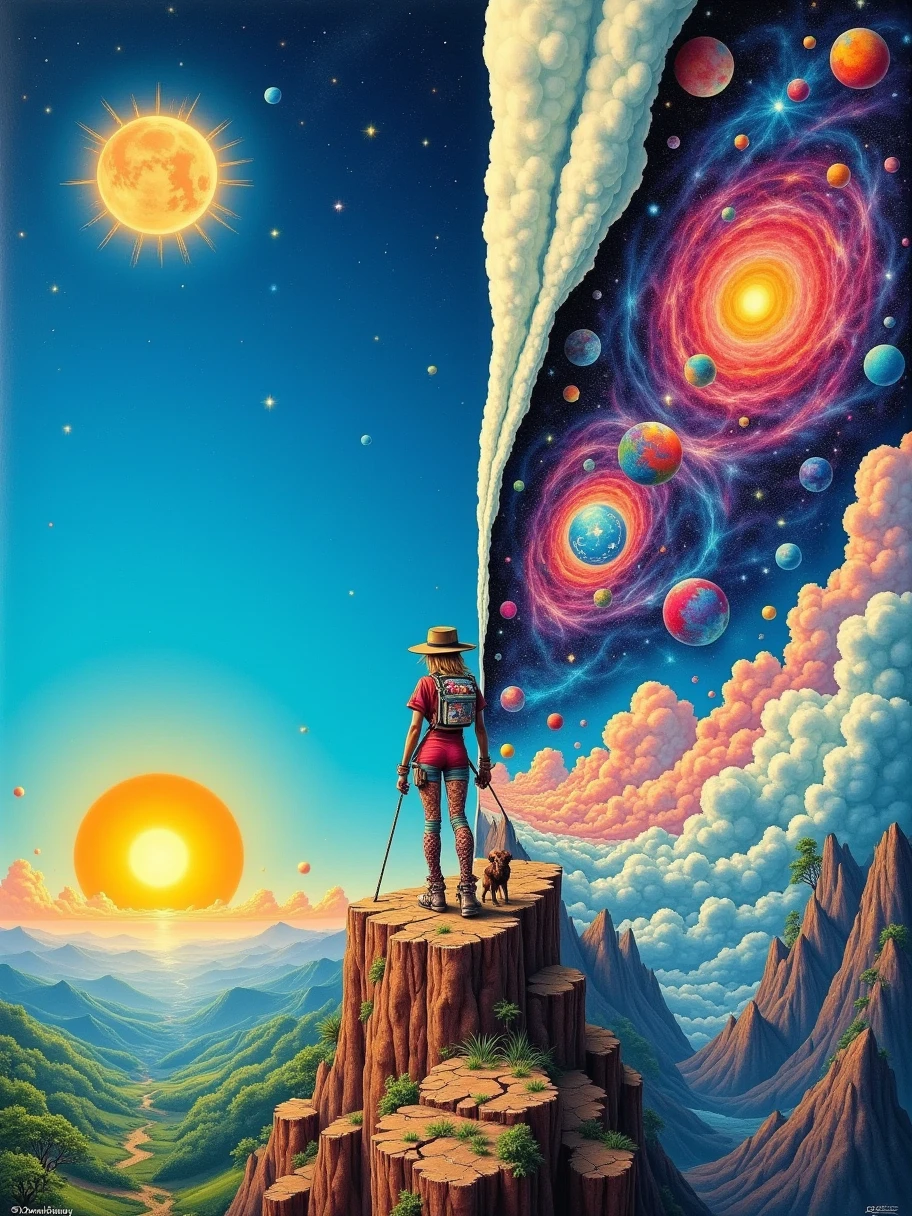 A surreal, 3D DMT-core vision inspired by an ancient cosmic illustration, depicting a traveler standing on the edge of existence, peering beyond the boundaries of the known world. The scene is split diagonally into two realms: one reveals a vibrant landscape with a radiant sun, lush greenery, and a tree under a clear blue sky, while the other unveils a mystical universe filled with stars, celestial spheres, and ethereal clouds in psychedelic colours. The sky is peeled back like a veil, exposing layer after layer of existence, as the figure leans forward, bridging reality and the cosmos. This intricate, mind-bending scene captures the sense of spiritual exploration and the schizophrenic wonder of discovering hidden dimensions, where earthly and cosmic worlds converge in a kaleidoscope of colours and patterns, inviting an endless journey into the unknown, A large watercolor painting by Damien Hirst, showcasing kinetic art with an S-curve composition. The dynamic scene features an edgy, anarchic female explorer standing confidently atop a rocky outcrop in a post-apocalyptic landscape. Adorned in a patchwork of vibrant, mismatched clothing and eclectic accessories, her fierce and unapologetic energy radiates throughout the piece. Her wild hair, streaked with bold colors, flows in the wind as she surveys the desolate terrain filled with remnants of a once-thriving city. In one hand, she holds a quirky, steampunk-inspired weapon adorned with graffiti and colorful stickers, reflecting her punk spirit. At her feet, a scruffy dog with a mischievous glint in its eye eagerly, conceptual art, vibrant, poster, illustration