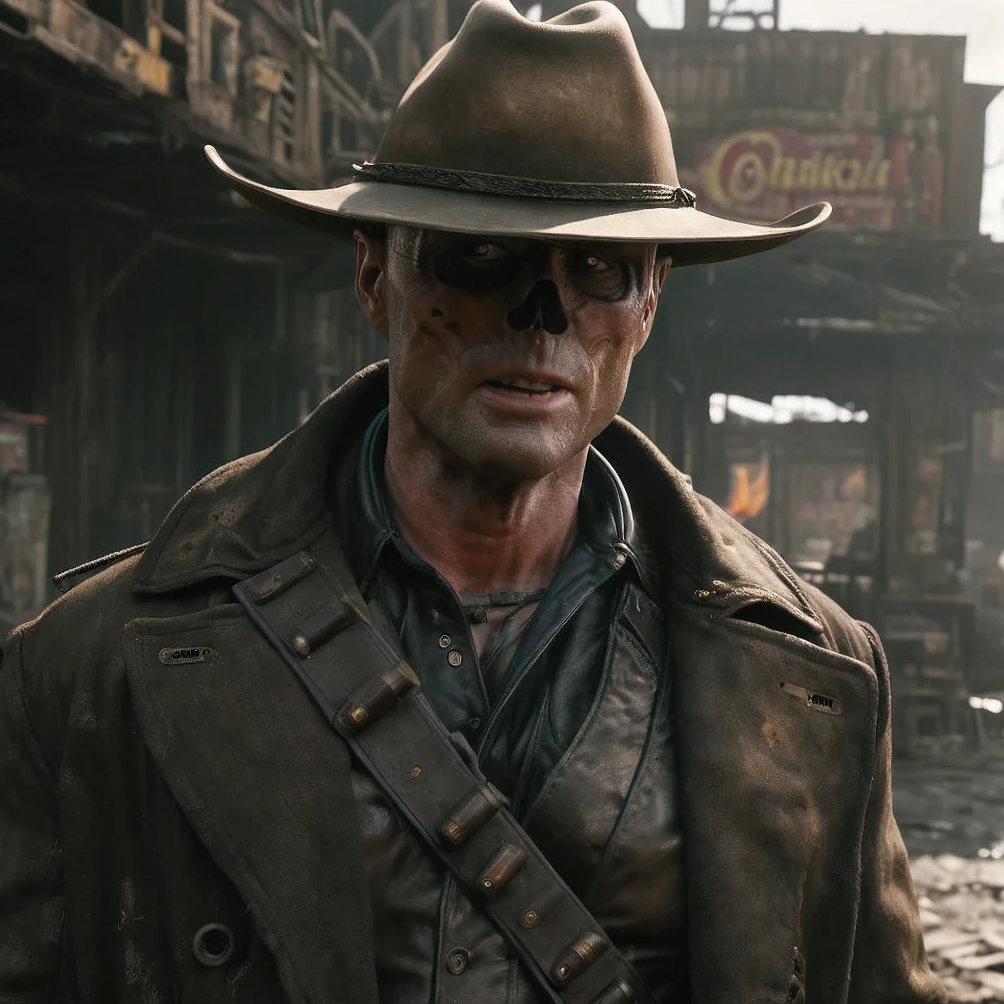 the ghoul with no nose but otherwise looking like 50 year old Walton Goggins the actor but with smooth burned skin, standing in a nuka cola ruins shop in a post apocalyptic ruined city, wearing a dirty dark brown cowboy hat and long dark brown dirty trench coat with his gun in his hand. Photo-realistic. From Fallout TV series. Cinematic, Rich color, masterpiece, hyper realistic, ultra detailed, high quality, best quality, 4k, 8k, hi resolution,