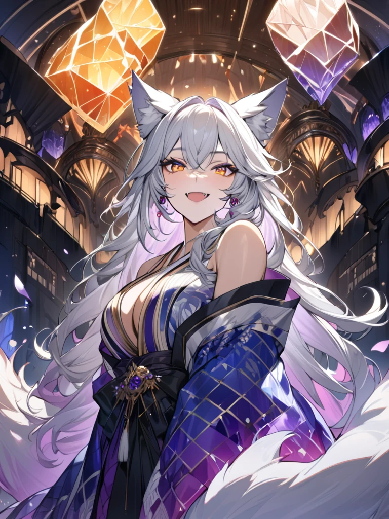 wolf girl, wolf ears, wolf tail, masterpiece:1.3,  anatomically correct:1.3, nsfw,  Ultra High Definition:1.3,  high definition facial:1.3, 4K:1.3, Focus: 50mm,  Fantastic Scenery :1.3,  Women's Outlines Shine,super fine illustration:1.1,  1 woman:1.3, solo:1.3, smile,  silver hair:1.3, Long Hair:1.3, Big Eyes,  Orange Eyes ,  beautiful that is different from humans as beastmen, The nobility of wolves :1.3,  Fascinating Atmosphere :1.2, fair skin:1.2,  sexy,  glamorous ,  medium breasts:1.2, Fang, break, Gorgeous Kimono:1.3, Vivid patterns,  The color gradation of kimonos ,Crystal Rose Hair Ornaments :1.2, Slim Style,  hair color gradation ,  earrings for a woman alone:1.1,Thick black outline:1.3