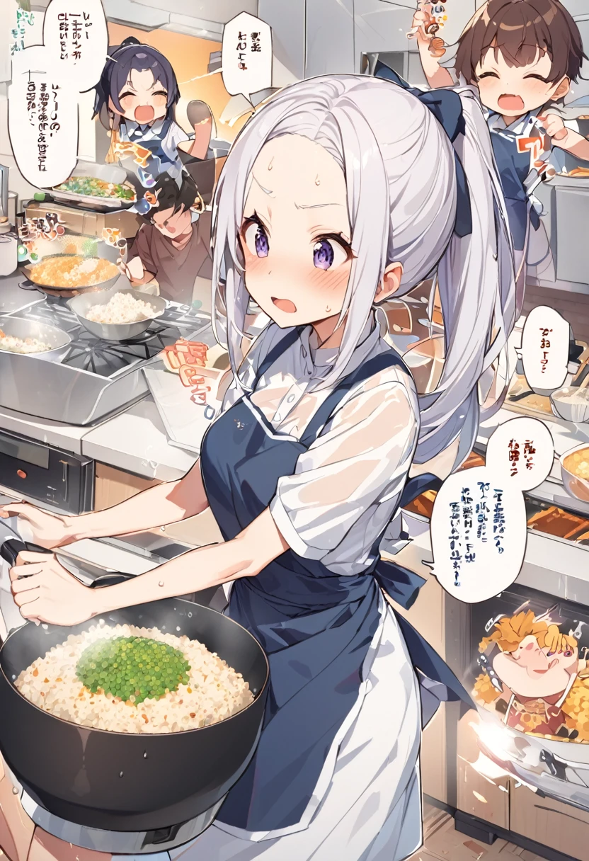  fry fried rice briskly , Chinese pan,  shaking a wok, チャーハンが宙を舞う, Gas stove, High heat power , cute high school girl, uniform,apron, ponytail, exporsed side stomach,  miniskirt,  having otters ,  dancing in the pot, open mouth,  I'm going to make fried rice , shout, Intense movement,  I'm going to make fried rice ,  shadows drawn with rays ,  draw even one grain of rice in detail, Busy kitchen ,  cooking is war ,  sweat on my forehead , Wet Uniform,  see through bra, 透けたシャツ, 炎, オーラの光, 