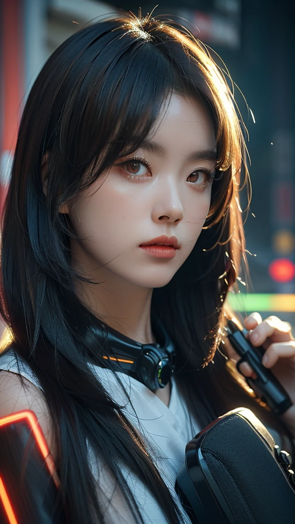 (masterpiece, highest quality, highest quality, Official Art, beautifully, aesthetic:1.2), Portrait Photography, (Cyberpunk fashion beautiful girl 1 person), Big iridescent eyes, Beautiful skin, (Pink and blue long hair with bangs), Very detailed, (Neon colored fractal art:1.3), Perfect lighting, Sharp focus, High resolution, High resolution, High color rendering, High resolution, Super realistic,