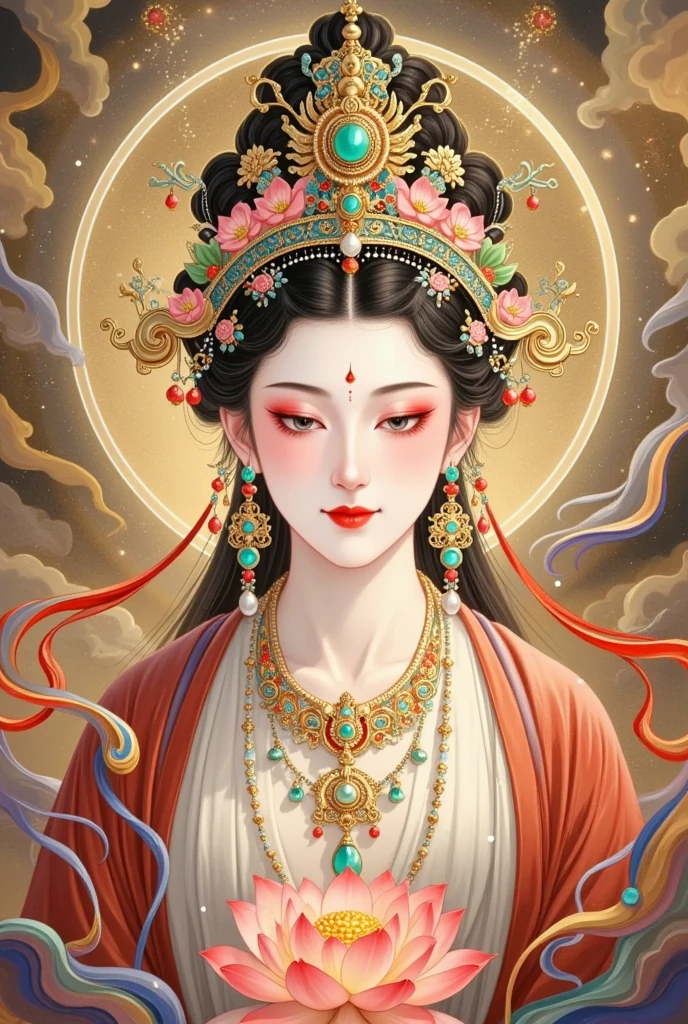 thangka illustration。Colorful flying sky ，flowing red silk， A beautiful goddess with a golden cloud and sky background,Portrait of a very beautiful girl，Statue of Tara Bodhisattva ， red eyeshadow， red face ，Red lips，，front， skin details ，Fine hair。Crown(Dot emerald +Cloisonne+ filigree enamel+flower+pearl+tassel)， upper body , 手持莲flower .  fair skin ,  is surrounded by clouds， with a golden halo on her face .(((yarn，Satin， red silk streamer)))
golden fantasy 。Glowing particles。 ray tracing 。