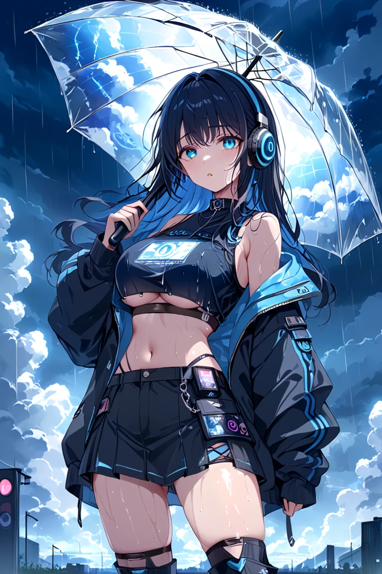 1girl,solo,full body, beautiful detailed eyes, eyelashes, :P, blue eyes, torn fishnet, multi layer clothes, underboob,black crop top,dark clothing,high_knee_boots, holding music player, night_time, holding umbrella,headphone, holographic_ADS, sketch, bold line art, flat color,line art, delicate face, night, wet_clothes, high resolution,4K UHD, dramatic, cinematic light, cloudy,cloud,rain,walking,shocked,masterpiece,best quality, absurdres,(SuperQuality:1.0) ~ (SuperQuality:1.2)