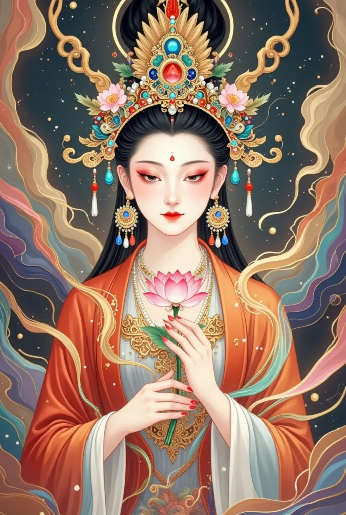 thangka illustration。Colorful flying sky ，flowing red silk， A beautiful goddess with a golden cloud and sky background,Portrait of a very beautiful girl，Statue of Tara Bodhisattva ， red eyeshadow， red face ，Red lips，，front， skin details ，Fine hair。Crown(Dot emerald +Cloisonne+ filigree enamel+flower+pearl+tassel)， upper body , 手持莲flower .  fair skin ,  is surrounded by clouds， with a golden halo on her face .(((yarn，Satin， red silk streamer)))
golden fantasy 。Glowing particles。 ray tracing 。Double Exposure。