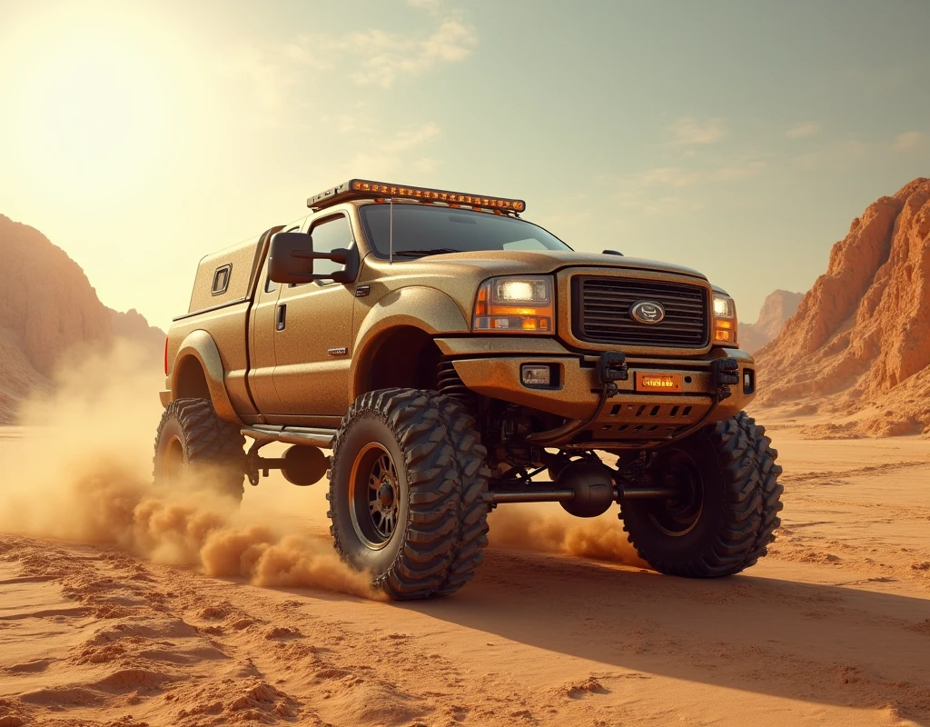 A rugged, dirty pickup truck, heavily laden with gear, driving through a vast, arid desert under a scorching sun, with distant hellfire-like flames visible on the horizon. The truck is framed from the side, with its large tires and robust build clearly visible. The desert floor is cracked and dry, with sparse vegetation and distant rocky hills. The sun is high, casting sharp shadows and highlighting the truck's rugged appearance. The composition is dynamic, with the truck's movement through the sand creating a sense of motion. The action is powerful, with the truck's wheels churning up dust as it advances towards the fiery horizon.