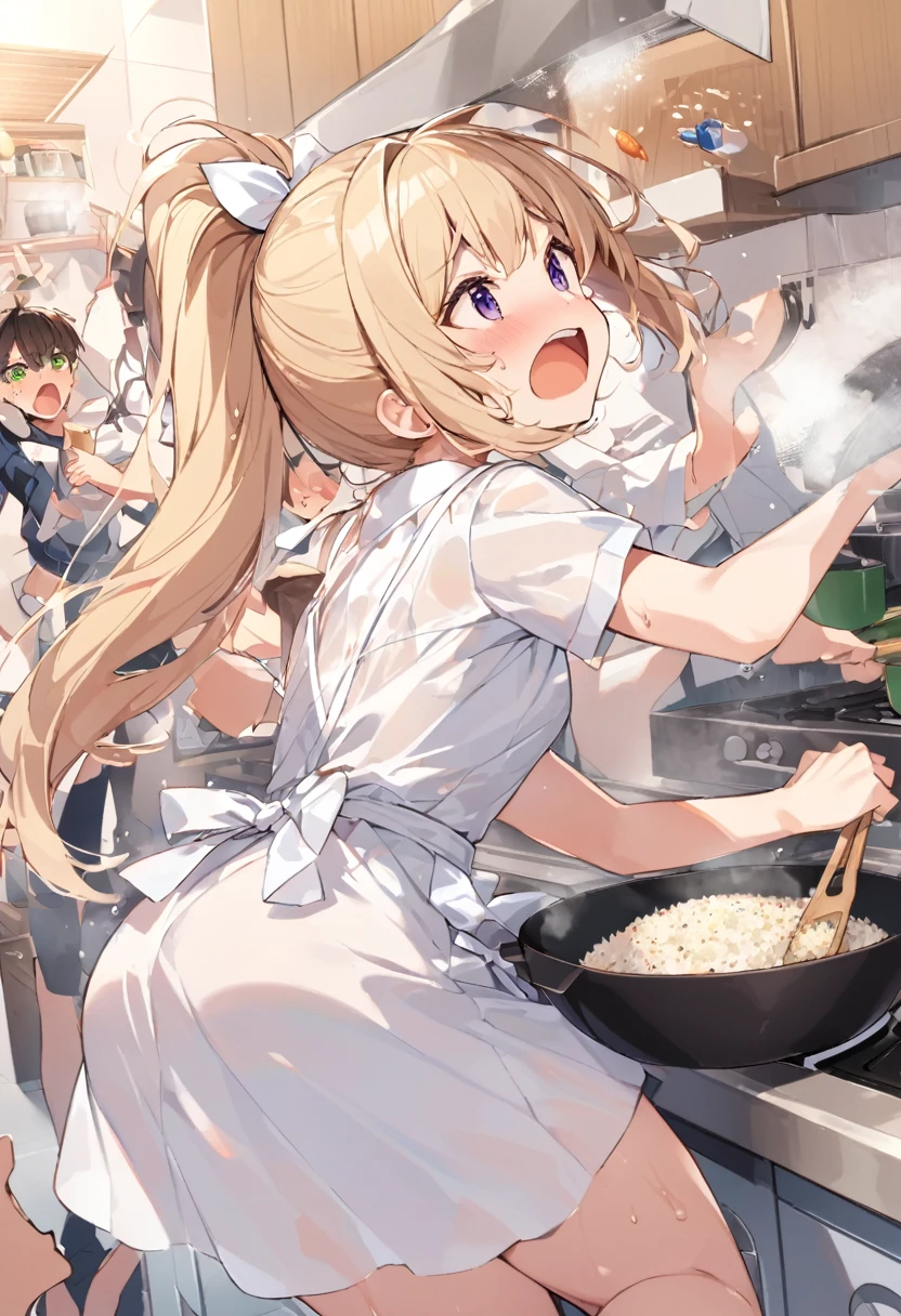  fry fried rice briskly , Chinese pan,  shaking a wok, チャーハンが宙を舞う, Gas stove, High heat power , cute high school girl, uniform,apron, ponytail, exporsed side stomach,  miniskirt,  having otters ,  dancing in the pot, open mouth,  I'm going to make fried rice , shout, Intense movement,  I'm going to make fried rice ,  shadows drawn with rays ,  draw even one grain of rice in detail, Busy kitchen ,  cooking is war ,  sweat on my forehead , Wet Uniform,  see through bra, 透けたシャツ, 炎, オーラの光, back standing sex, 1boy, groping chest from behind