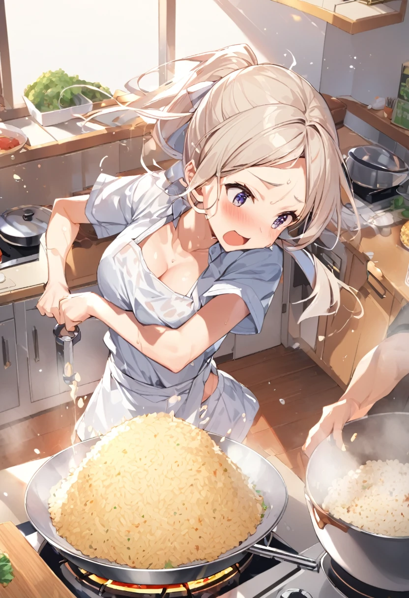  fry fried rice briskly , Chinese pan,  shaking a wok, チャーハンが宙を舞う, Gas stove, High heat power , cute high school girl, uniform,apron, ponytail, exporsed side stomach,  miniskirt,  having otters ,  dancing in the pot, open mouth,  I'm going to make fried rice , shout, Intense movement,  I'm going to make fried rice ,  shadows drawn with rays ,  draw even one grain of rice in detail, Busy kitchen ,  cooking is war ,  sweat on my forehead , Wet Uniform,  see through bra, 透けたシャツ, 炎, オーラの光, back standing sex, 1boy, groping chest from behind