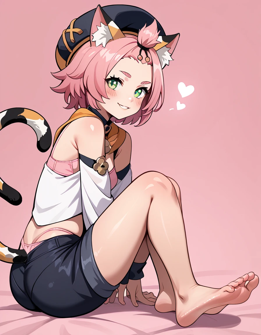 score_9, score_8_up, score_7_up, score_6, source_anime, BREAK diona \(genshin impact\), mngmst_style, 1girl, animal ear fluff, animal ears, cat ears, cat girl, cat tail,  forehead, green eyes, pink hair, short hair, solo, tail, cleavage, small breasts,  ass, looking at viewer, smile, pink panties, blush, sitting, barefoot, heart, from side, full body, feet, soles, pink background, toes, parted lips, feet focus, beautiful feet, bubble butt, pink bra