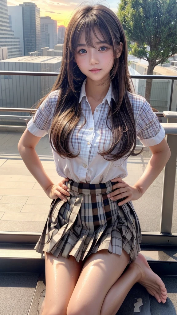 (Best Quality,4K,High resolution:1.2), Ultra-detailed, Realistic portrait, Best Quality, (outside japanese high school), (passionate scene),one very young looking high school girl, (intense emotion), (innocent look, school uniform, large round black rimmed glasses), ((stockings, cute face, standing, full body)), (perfect long legs, high waist mini pleated skirt, tight shirt), large brown eyes, long black hair, pigtails, cute smile, rose cheeks, looking up at camera, lingerie
