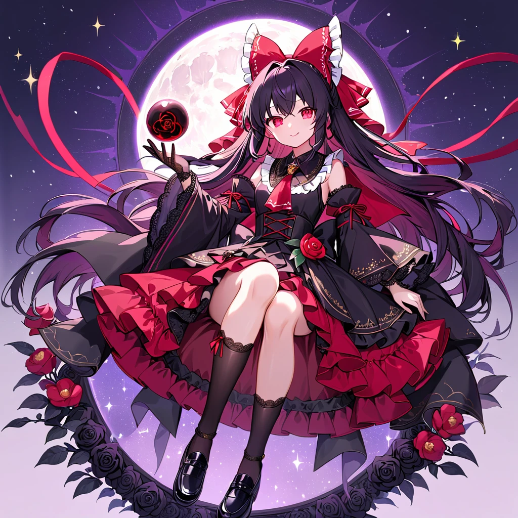 {darkness:2}, 1 girl, Unexpected beauty, memorable masterpieces, hakurei reimu, black hair, long hair, purple hair bow,  {glowing eyes:1.5}, purple hair tube, black rose brooch, dark red ascot, black detachable see-through sleeves, black rose on sleeve, black lace glove, red eyes, outer black gradation long layered dress, Inner dark red nidi length bustle tiered skirt, black peplum, back black big ribbon, dark red hem, gold decorations on the skirt, gold necklaces, peter pan collar, dark red batten lace, (See-through cloak with gradation of dark red and black), Black lace socks, black loafer, holding a darkness energy ball, {glowing energy ball}, powerful effects, dark aura, flying hair, black rose, red camellia, Beautiful, black and purple magic castle, yellow rose, black stars, black throne, reclining, leaning back, one hand up, crossed legs, looking at viewer, look front, from front, from away, {malicious smile}, full body, masterpiece, best quality, detailed, highly detailed, ultra detailed, high resolution, 8K, super detailed skin, (detailed beautiful eyes, detailed beautiful face, detailed beautiful face and eyes), very detailed background, highly detailed background, {(elaborately designed clothes)}, sparkle, star \(symbol\), 