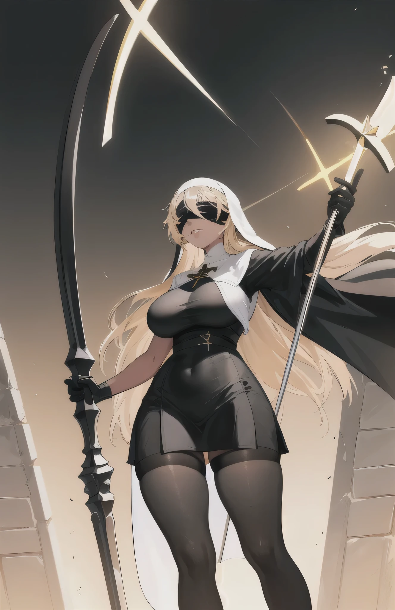 (black tights), Too exposed nun clothes, ((tanned skin)), thick thighs, big breasts, A gorgeous spear shaped like a giant cross, golden long hair, Composition looking up from below, abstract background, (best quality), ((wearing a black blindfold))