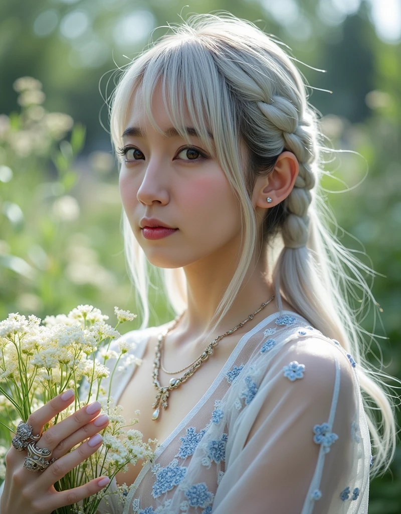 Profile close-up of an elegant Asian woman surrounded by the soft morning light of a mystical European flower garden holding a bouquet of white flowers. ((A side-on shot of the woman: 1.6)), She has long white hair, blunt bangs, braided twin tails, eyeshadow, pink lipstick, pearlescent nail polish, pale skin, very thin, small face, very large breasts, (She wears glittery transparent white lace with intricate blue embroidery on bare skin: 1.7), She wears necklaces, rings, bracelets and jewels. (Profile close-up of a woman wearing glittery transparent white lace on bare skin holding a bouquet of white flowers: 1.7), soft white lighting, very detailed, blurred plants and flowers in the background