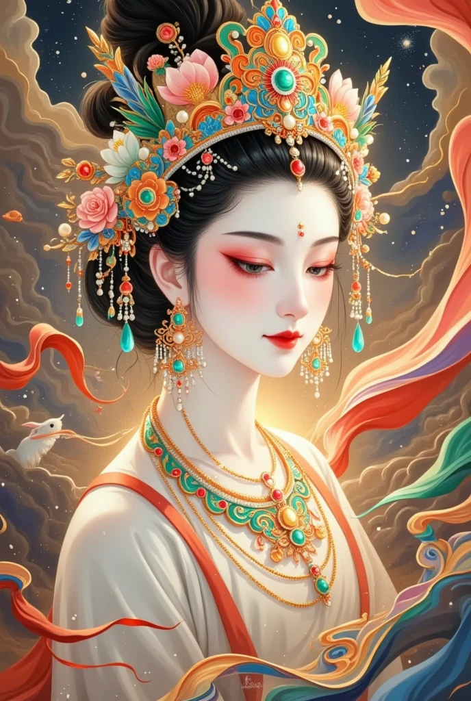 thangka illustration。Colorful flying sky ，flowing red silk， A beautiful goddess with a golden cloud and sky background,Portrait of a very beautiful girl，Statue of Tara Bodhisattva ， red eyeshadow， red face ，Red lips，，front， skin details ，Fine hair。Crown(Dot emerald +Cloisonne+ filigree enamel+flower+pearl+tassel)， upper body , 手持莲flower .  fair skin ,  is surrounded by clouds， with a golden halo on her face .(((yarn，Satin， red silk streamer)))
golden fantasy 。Glowing particles。 ray tracing 。Double Exposure。A little white rabbit。